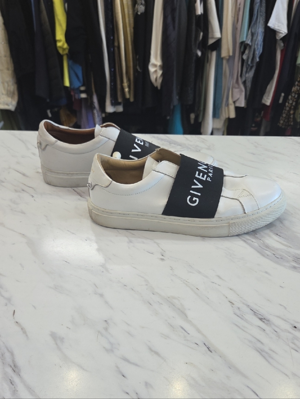 Givenchy White Leather Slip-On Sneakers with Black Logo Band